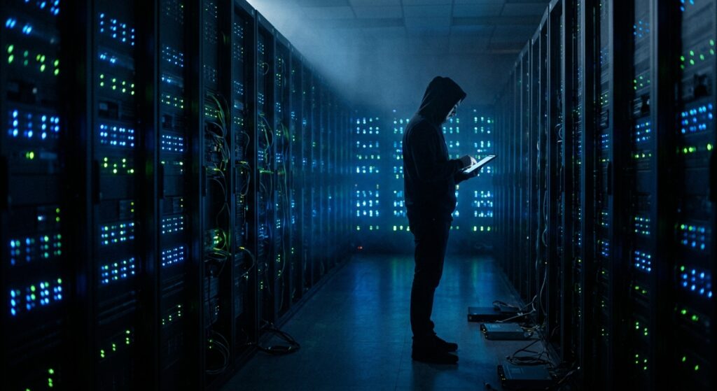 Serwerownia data center ilustrująca wymogi Google i Yahoo dla nadawców masowych – rzędy serwerów pocztowych z niebieskim oświetleniem LED