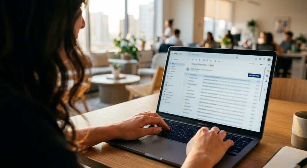 Zbliżenie na dłonie przy laptopie ze skrzynką e-mail i widocznym przyciskiem unsubscribe