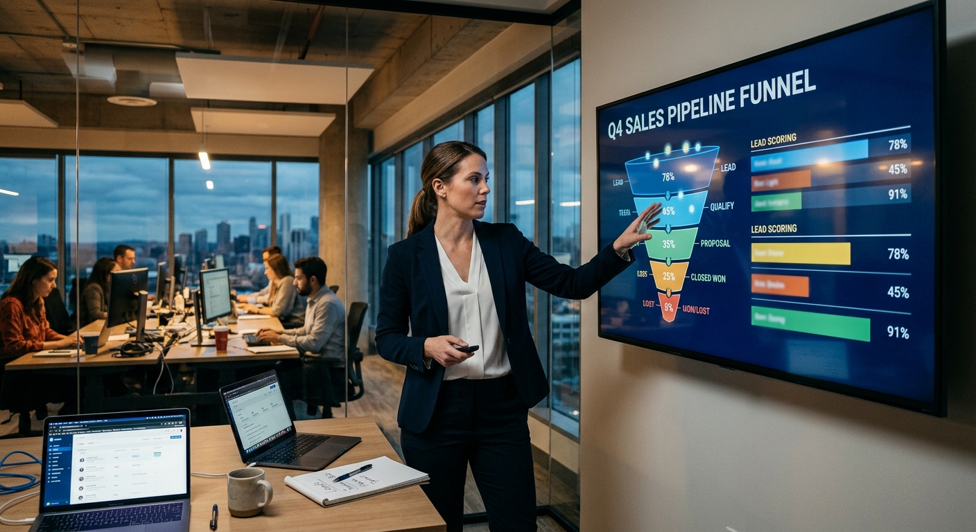 Zespół sprzedaży analizuje lejek i lead nurturing w B2B na dużym ekranie