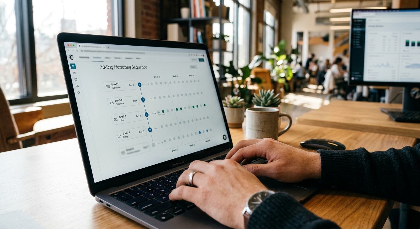 Marketer konfiguruje 30-dniową sekwencję nurtingową e-maili na laptopie
