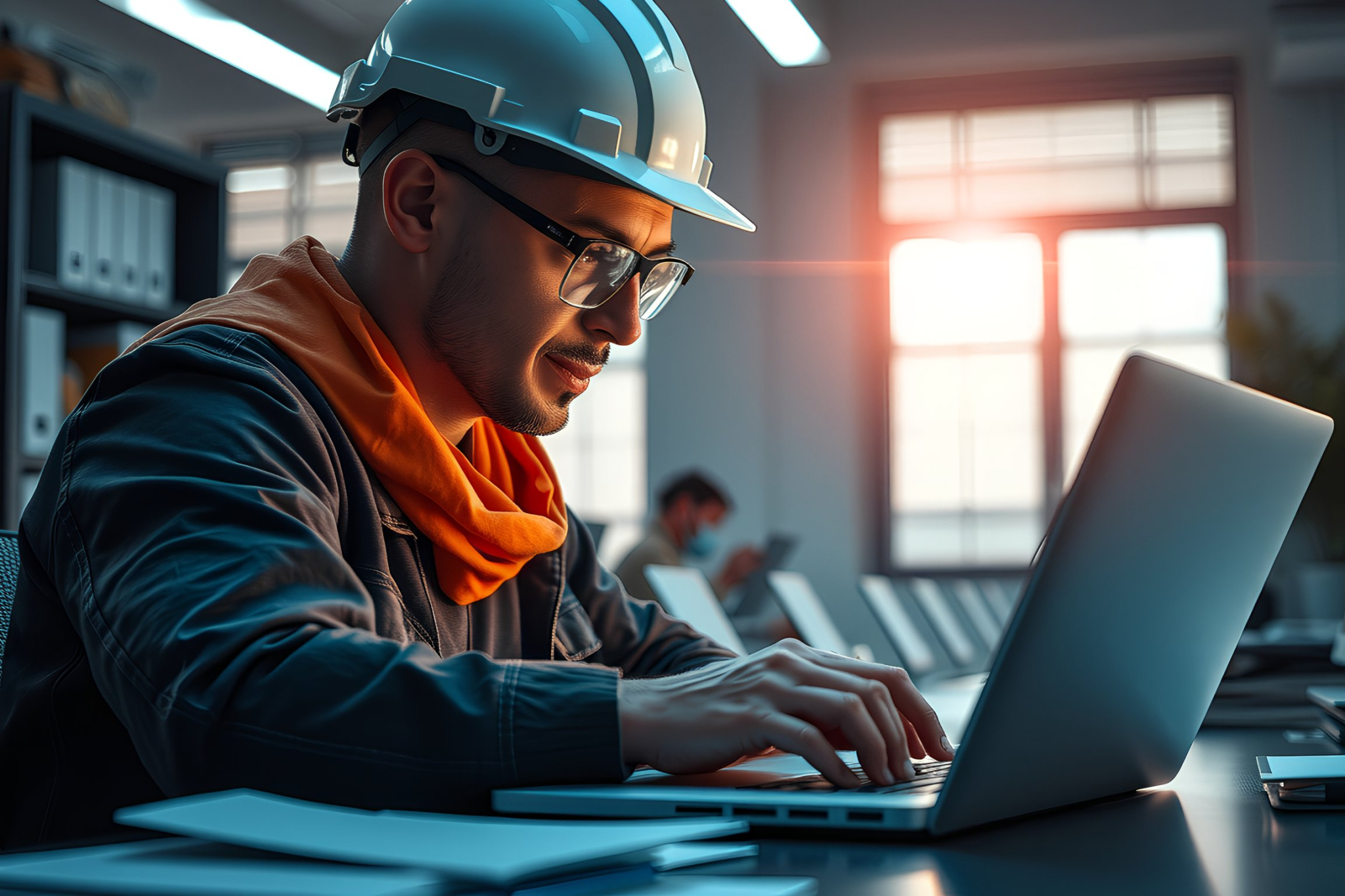 jak budować bazę adresową legalnie - mężczyzna pracuje na laptopie w kasku ochronnym