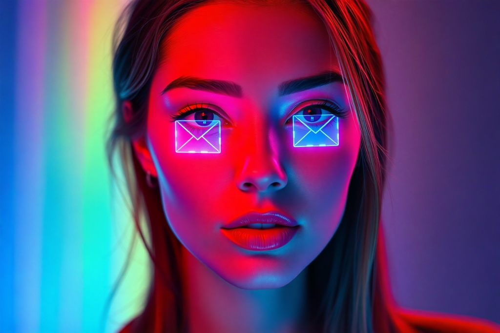 przyszłość email marketingu - kobieta z hologramem kopert na oczach