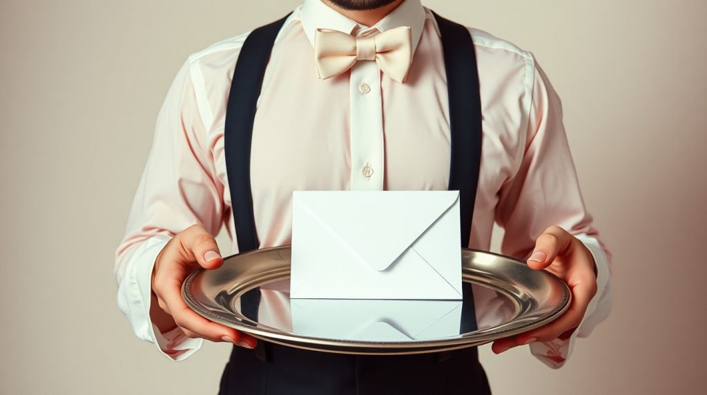 skuteczny cold mailing - lokaj trzyma srebrną tacę z kopertą