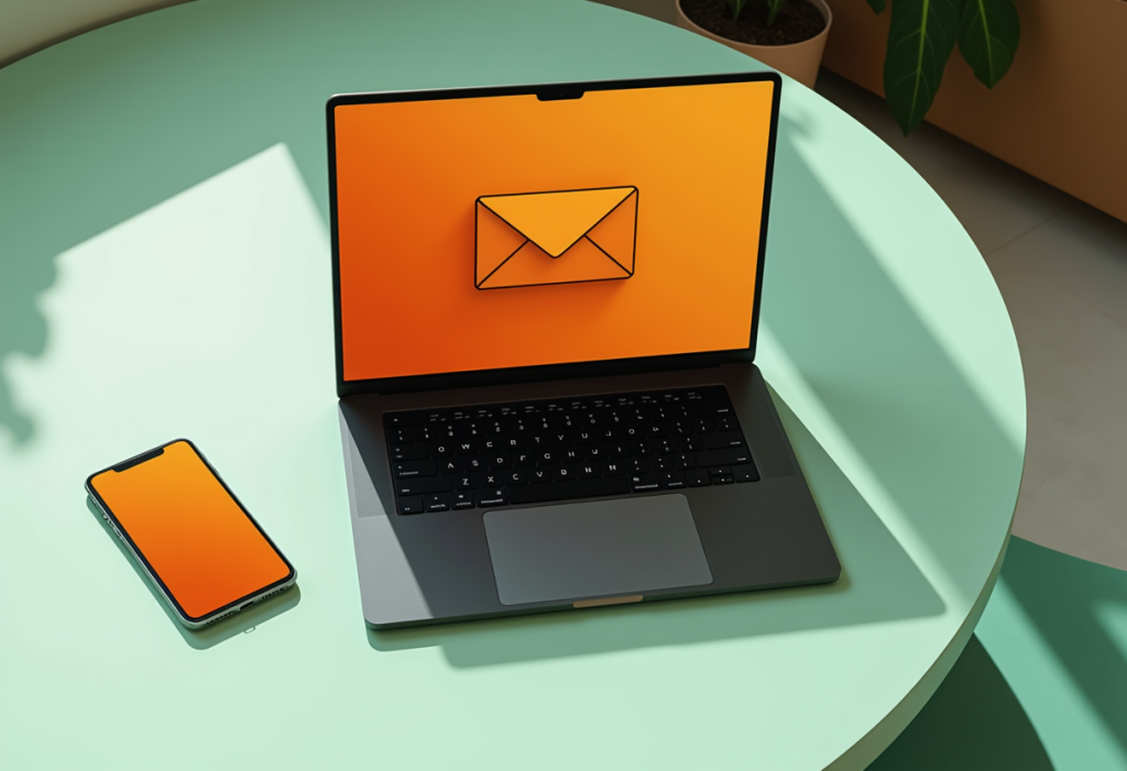 Jak połączyć email marketing i SMS marketing? Jak połączyć email marketing i SMS marketing? laptop i telefon na stoliku