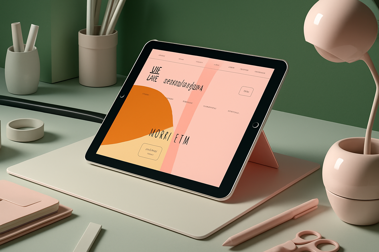 Jak stworzyć skuteczny landing page - tablet na biurku na oliwkowym tle
