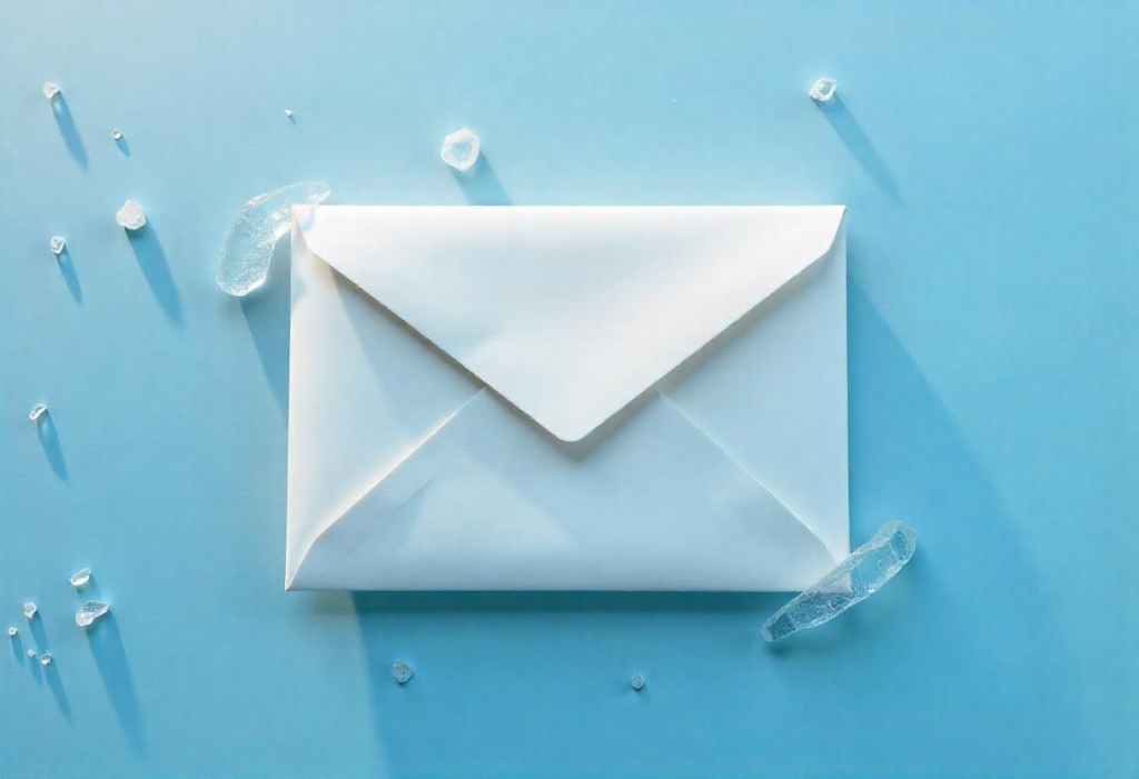 Cold mailing. Jak pisać wiadomości, które otwierają drzwi? skuteczny cold mailing - koperta na niebieskim tle, pokryta okruchami lodu